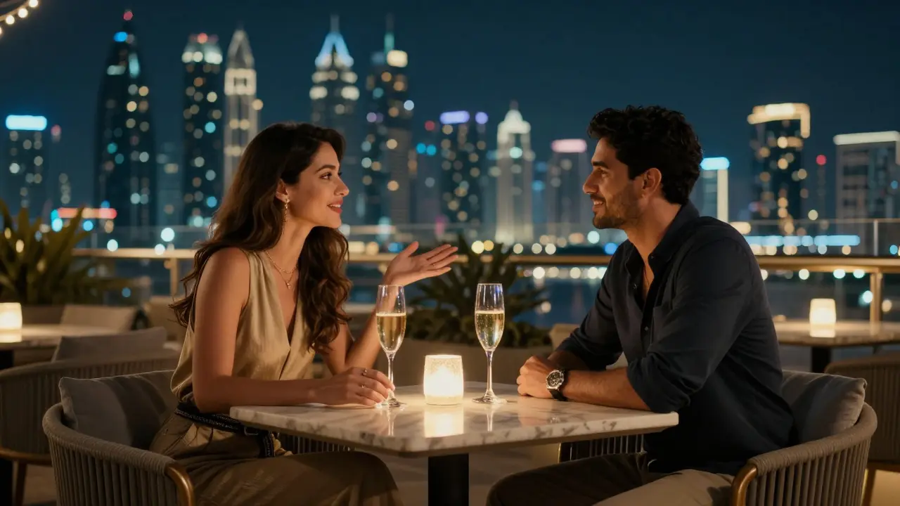 Two people on a private rooftop terrace in Dubai, enjoying champagne under string lights with the city skyline behind them.