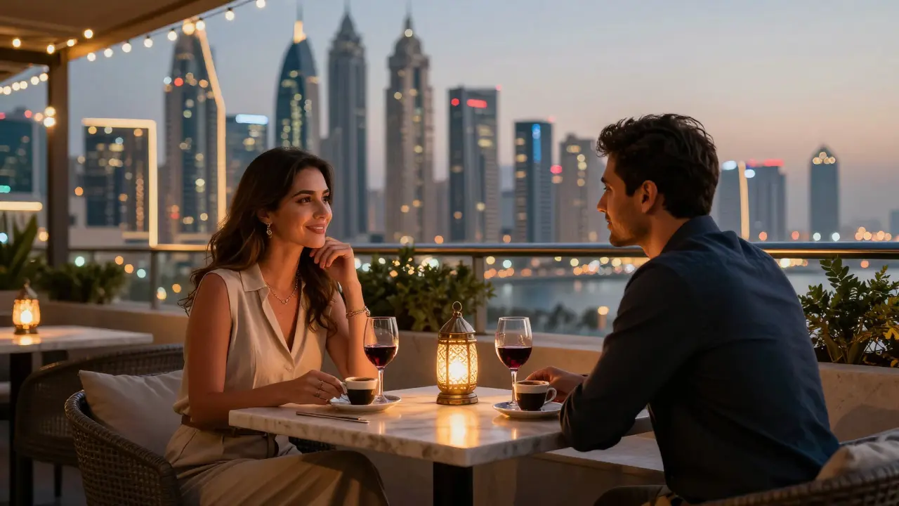 Two people share a quiet rooftop dinner with a breathtaking view of Dubai’s skyline.