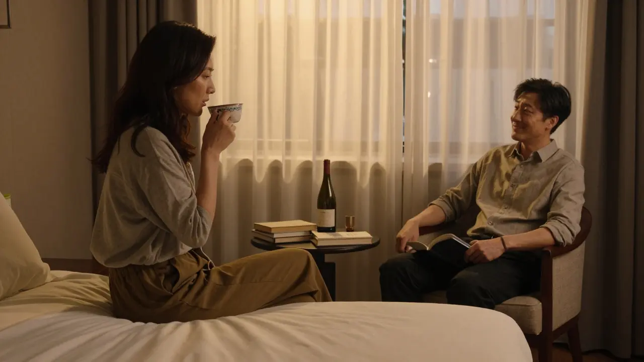 Two people sharing a quiet, respectful conversation in a hotel room, with tea and books nearby.