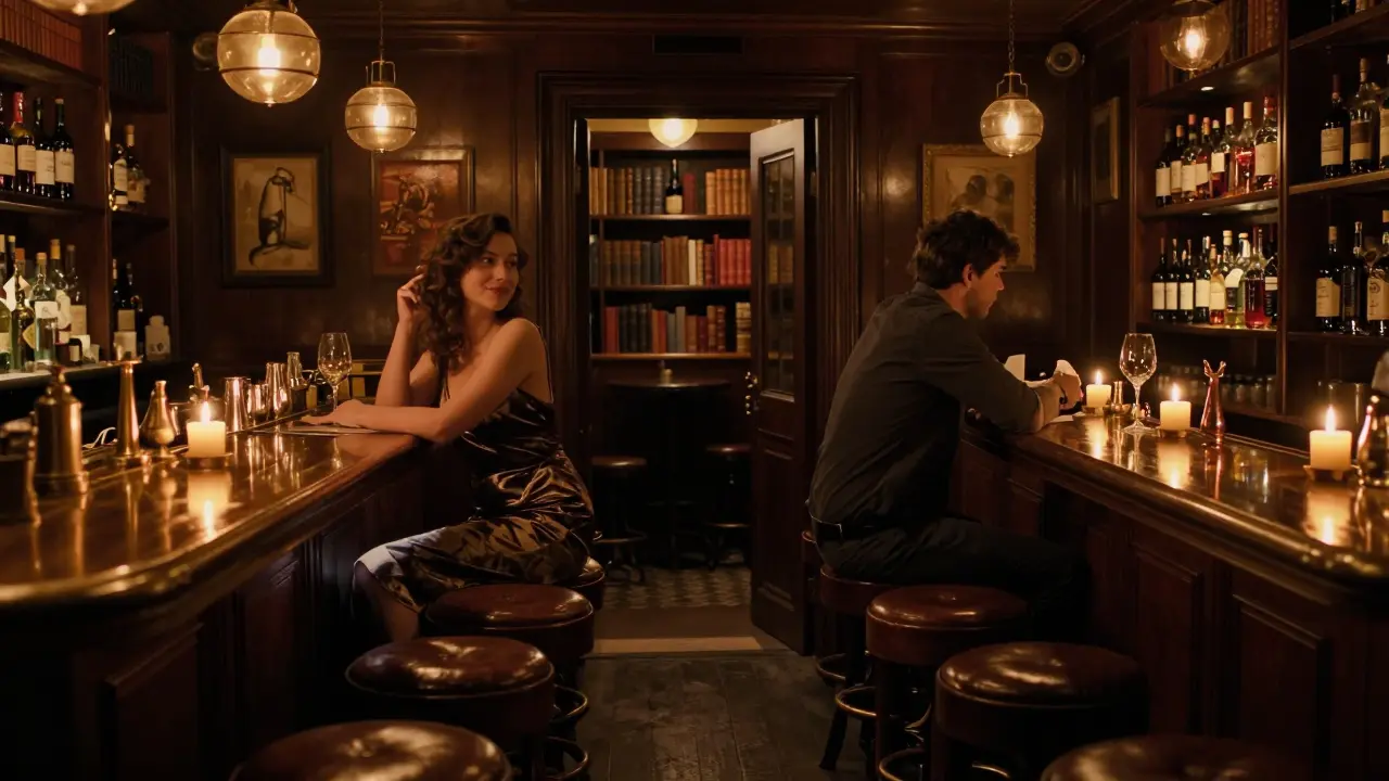 Two people sit in a dimly lit speakeasy bar, candlelight reflecting off brass and spirits, bookshelf doorway behind them.