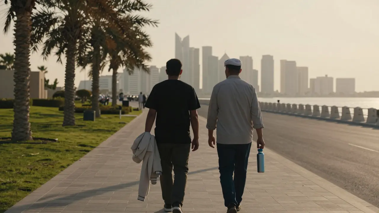 Two people walking peacefully along a scenic path in Al Maryah Island at sunset, respecting cultural norms.