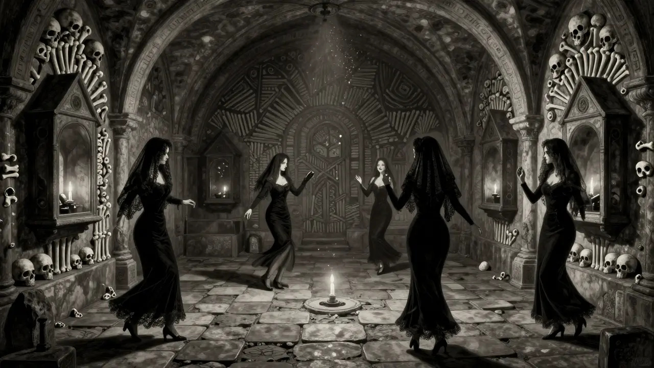 Underground crypt dance floor made of tombstones, lined with skulls and femurs, lit by flickering candles.