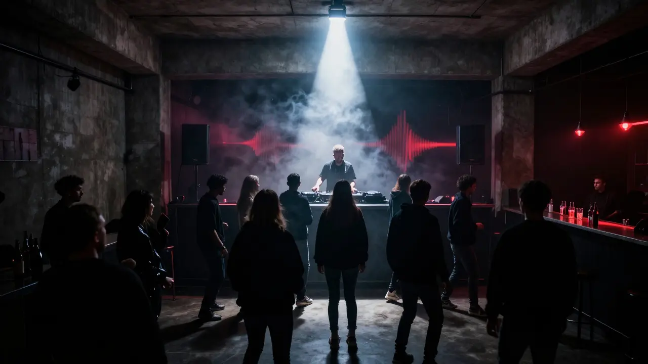 Underground techno club Concrete with raw concrete walls and dancers lost in the beat.