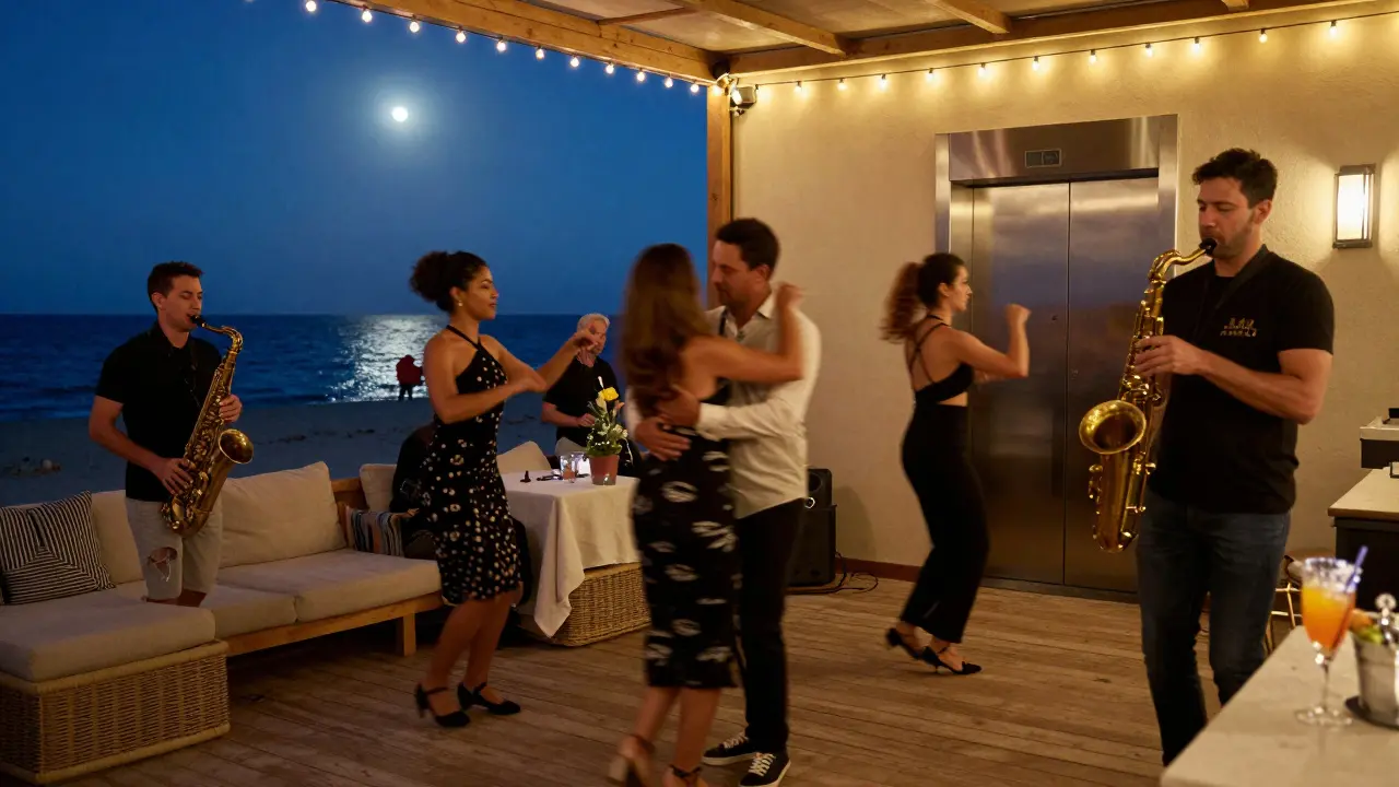 A beachside lounge at Blue Bay with live jazz, guests dancing softly under string lights and moonlight.