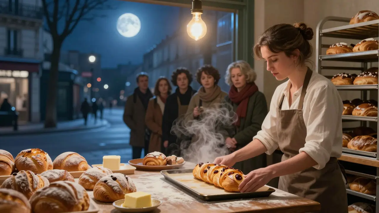A boulangerie at 1 a.m. where a baker pulls fresh pastries from the oven as locals wait quietly in the quiet night.