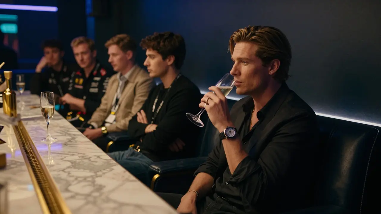 A celebrity in a private booth at Le Baron nightclub, surrounded by quiet conversation and dim lighting.