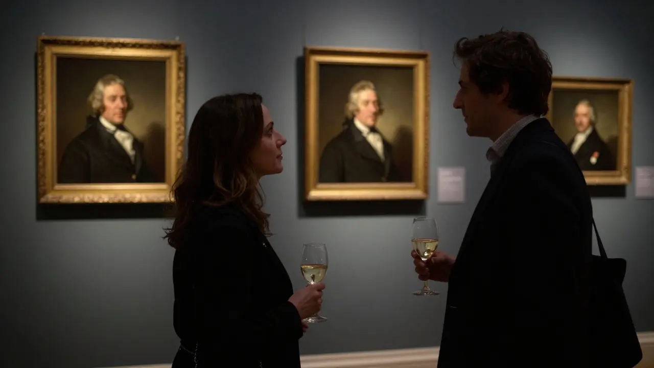 A companion and client enjoying an after-hours museum visit, standing before an art exhibit with soft lighting and wine glasses.