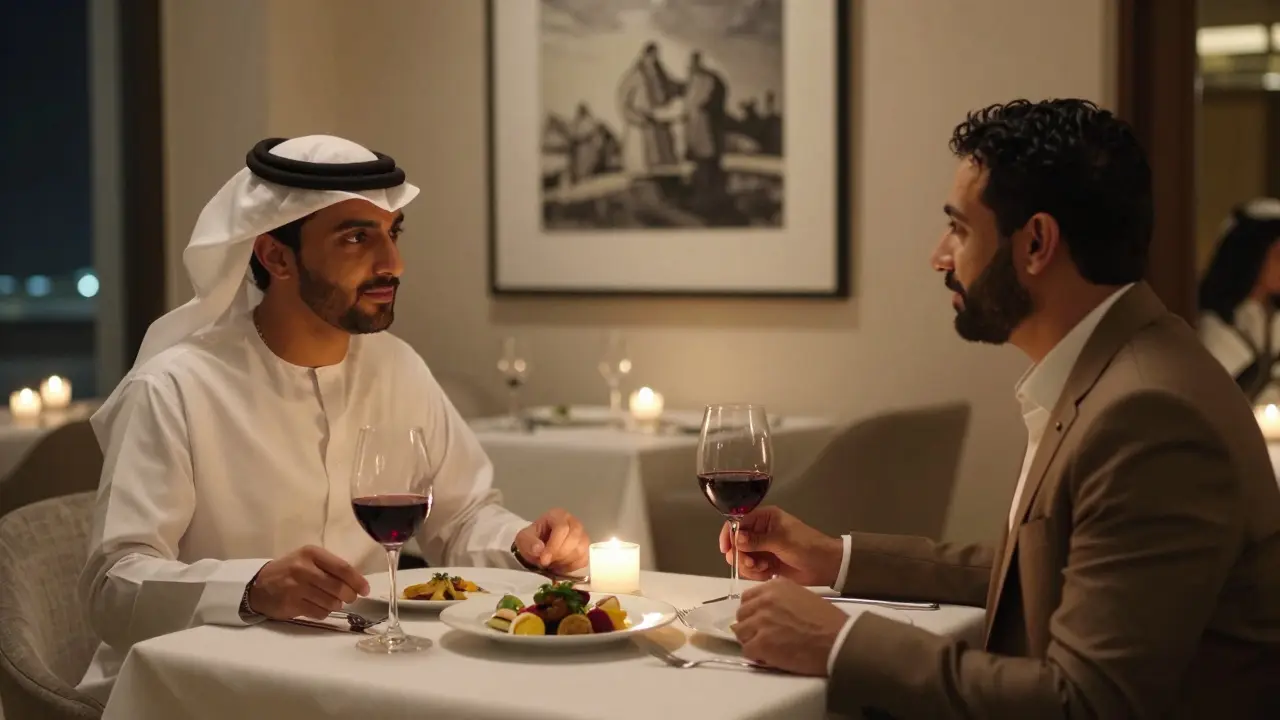 A couple enjoying a private dinner in Yas Island’s upscale dining room with candlelight and Emirati cuisine.