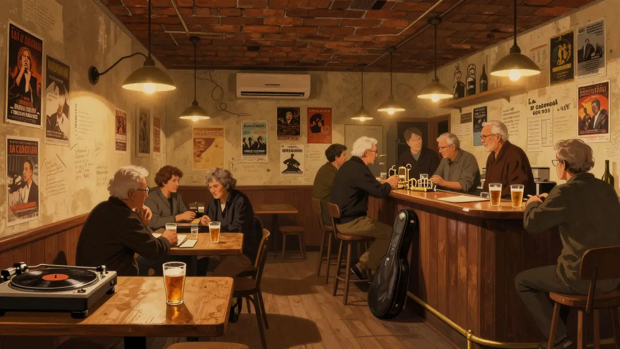 A cozy bar in Lambrate with wooden tables, concert flyers on walls, and locals drinking craft beer.