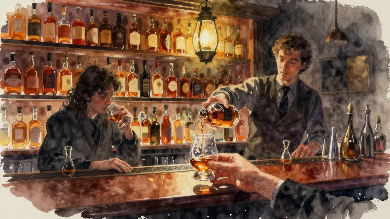 A dimly lit whisky bar with hundreds of bottles and a barkeep pouring a dram of Scotch.