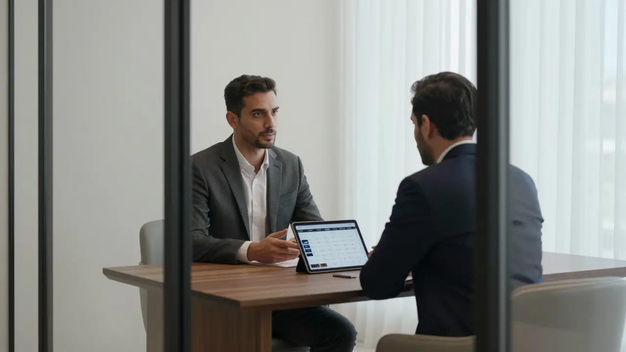 A discreet luxury concierge agency office where a consultant and client discuss events, no explicit imagery, minimalist modern design.