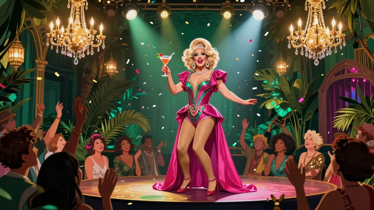 A drag performer in glittering costume holds a cocktail on a vibrant stage surrounded by cheering audience.