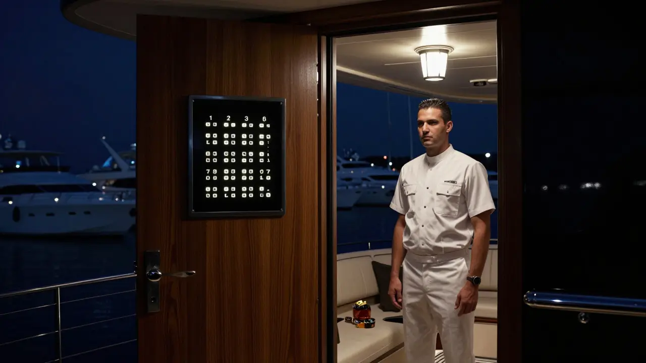 A hidden entrance to an exclusive yacht club at night, no sign, just a doorman and a glowing code panel.