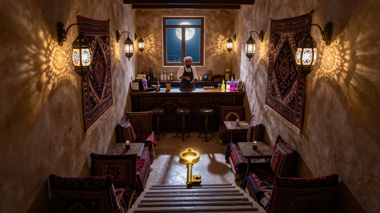 A hidden staircase beneath a tea house leading to a intimate bar with Persian rugs and soft lantern light.