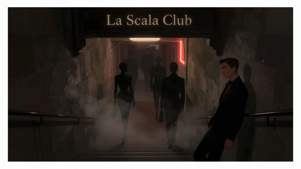 A hidden underground entrance to La Scala Club, dimly lit with the sound of techno pulsing through stone stairs.