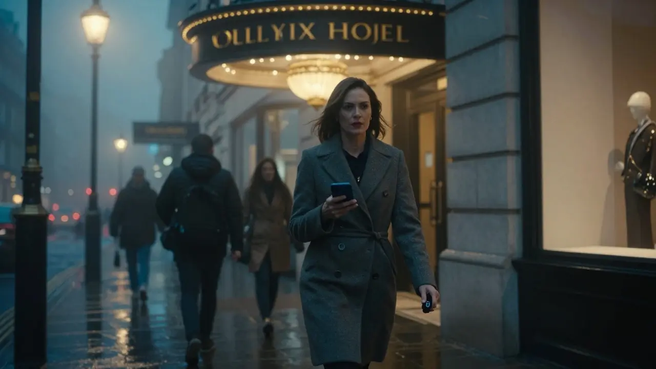 A high-class escort walking alone at night in London, holding a safety device, city lights blurred behind her.