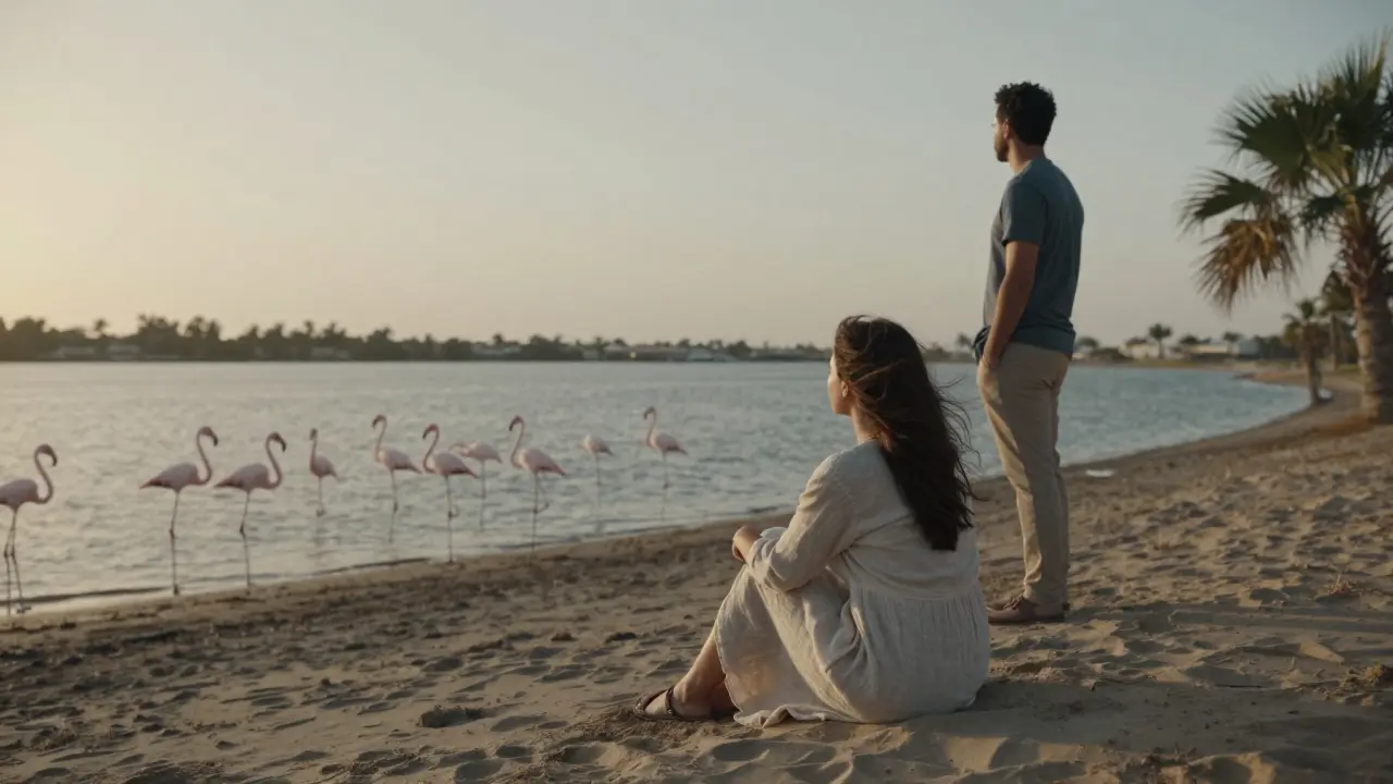 A man and woman standing peacefully at Al Qudra Lakes, watching flamingos at sunset, no words needed.