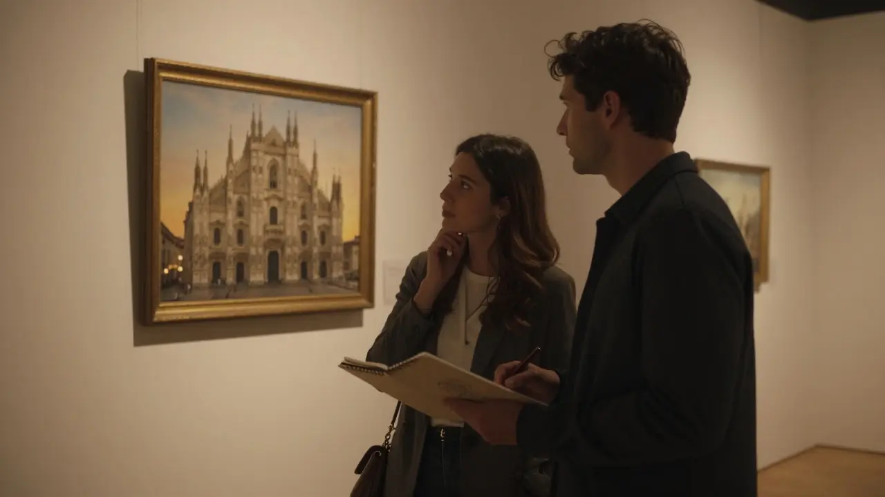 A man sketches while a woman observes a painting of the Duomo at sunset, their quiet connection filled with unspoken emotion.