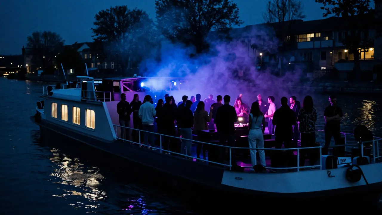 A packed underground dance boat at night, strobing lights illuminating diverse bodies moving to techno music.