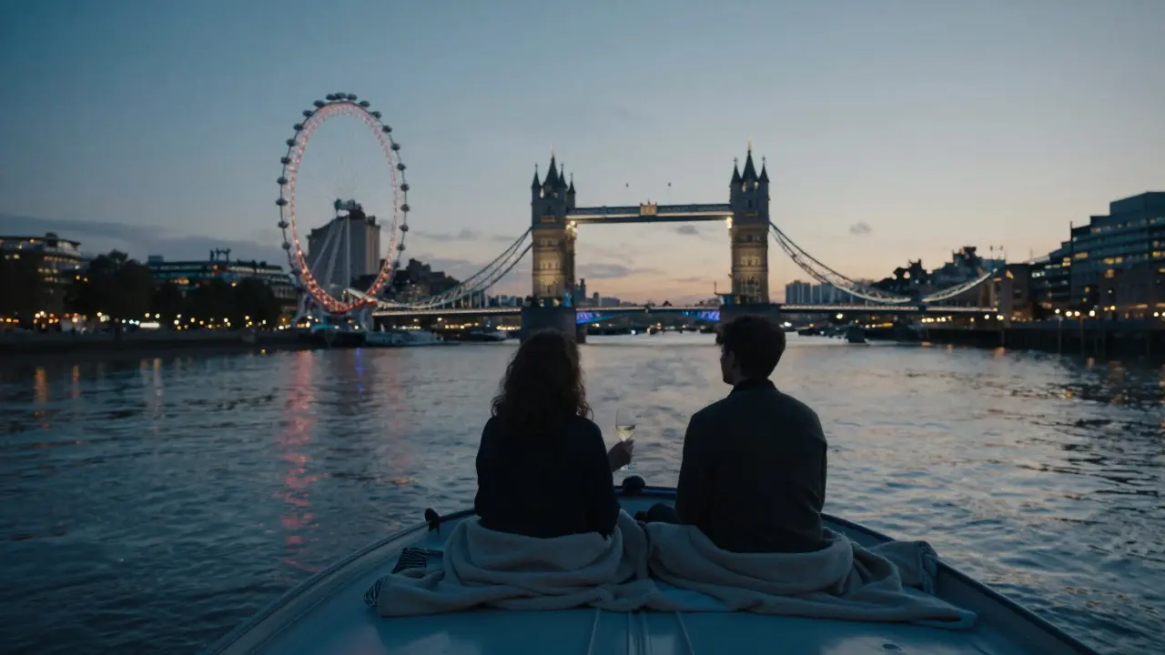 A private boat ride along the Thames at twilight, with city lights reflecting on the water.