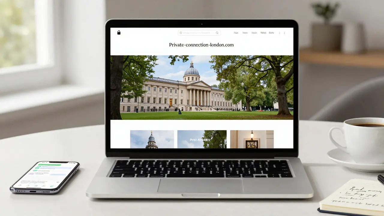 A professional escort's private website displayed on a laptop, showing art and park photos with no explicit content.