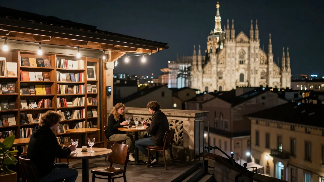 A quiet rooftop bar with a view of Milan's Duomo, two people sipping vermouth under string lights, no signs, just city lights beyond.