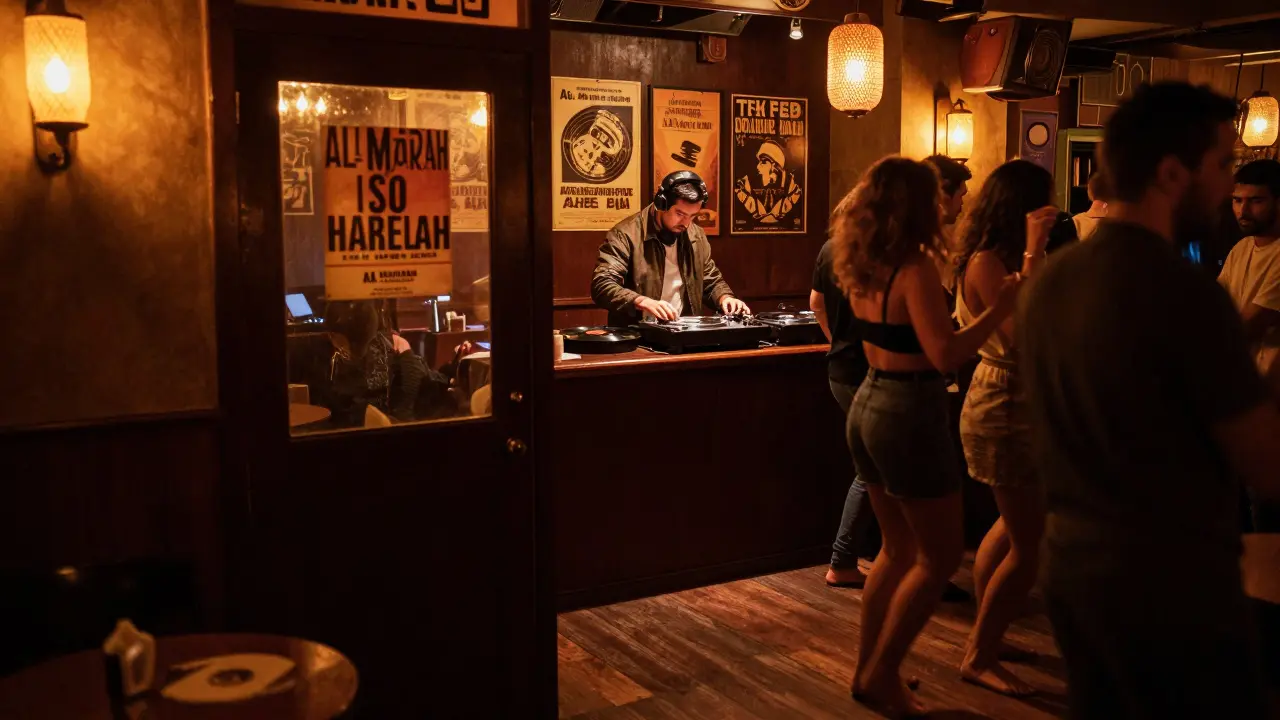 A quiet speakeasy club with people dancing to vinyl records under warm lamps, no phones or flash, vintage atmosphere.