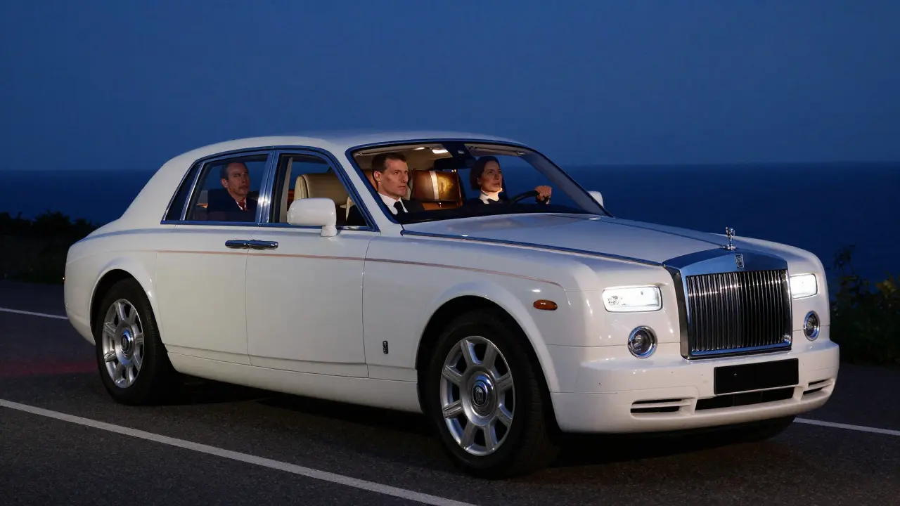 A Rolls-Royce Phantom driving at night with a chauffeur and a client engaged in thoughtful silence.