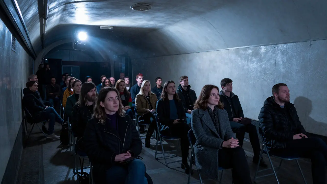 A secret underground cinema in a London tunnel, viewers absorbed in a short film.