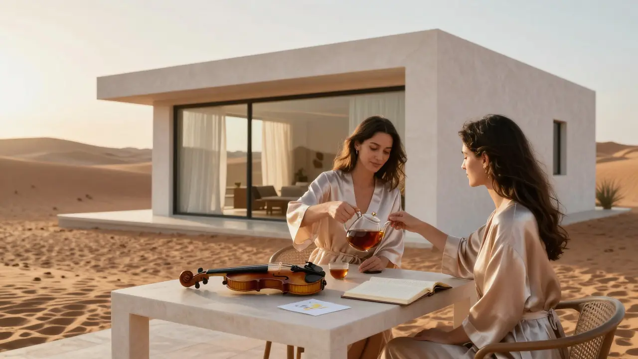 A serene desert villa at dawn where a woman serves tea to a client amid minimalist elegance.