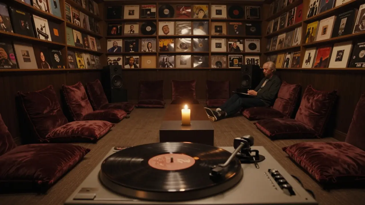 A silent listening room in a chapel with velvet cushions and a vintage vinyl turntable in dim candlelight.