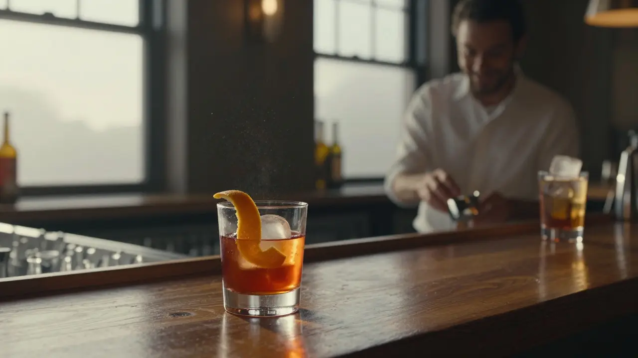A single Negroni and Campari Soda at Bar Basso at dawn, bartender wiping a glass in the quiet after midnight.