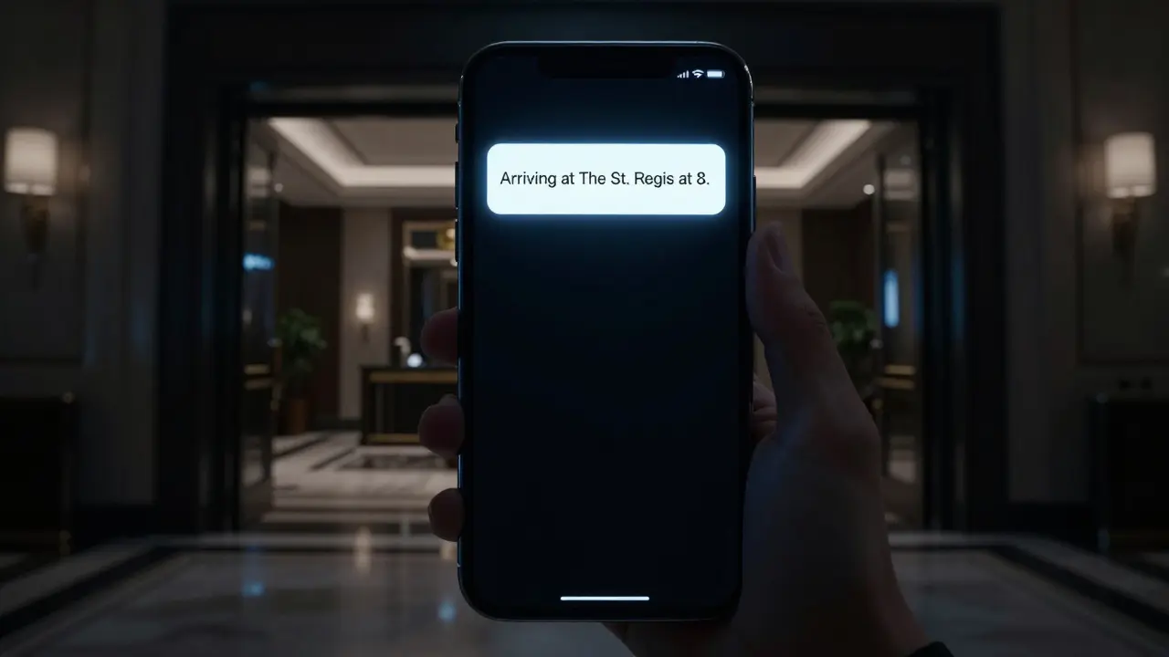 A smartphone screen displays a discreet message about a hotel meeting, lit in a dark room with no visible faces.