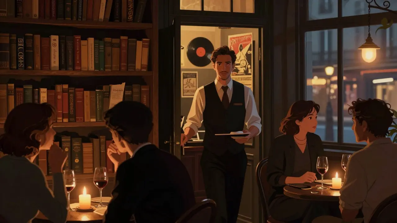 A traveler being guided into a hidden Parisian speakeasy behind a bookshelf, candlelight reflecting off wine glasses.