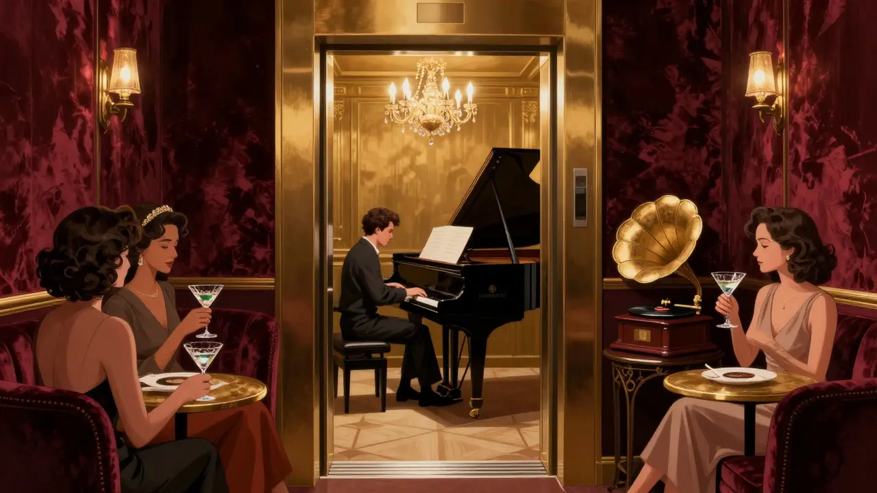 A velvet-draped lounge with a live pianist, guests sipping martinis under a chandelier, vintage gramophone playing jazz.
