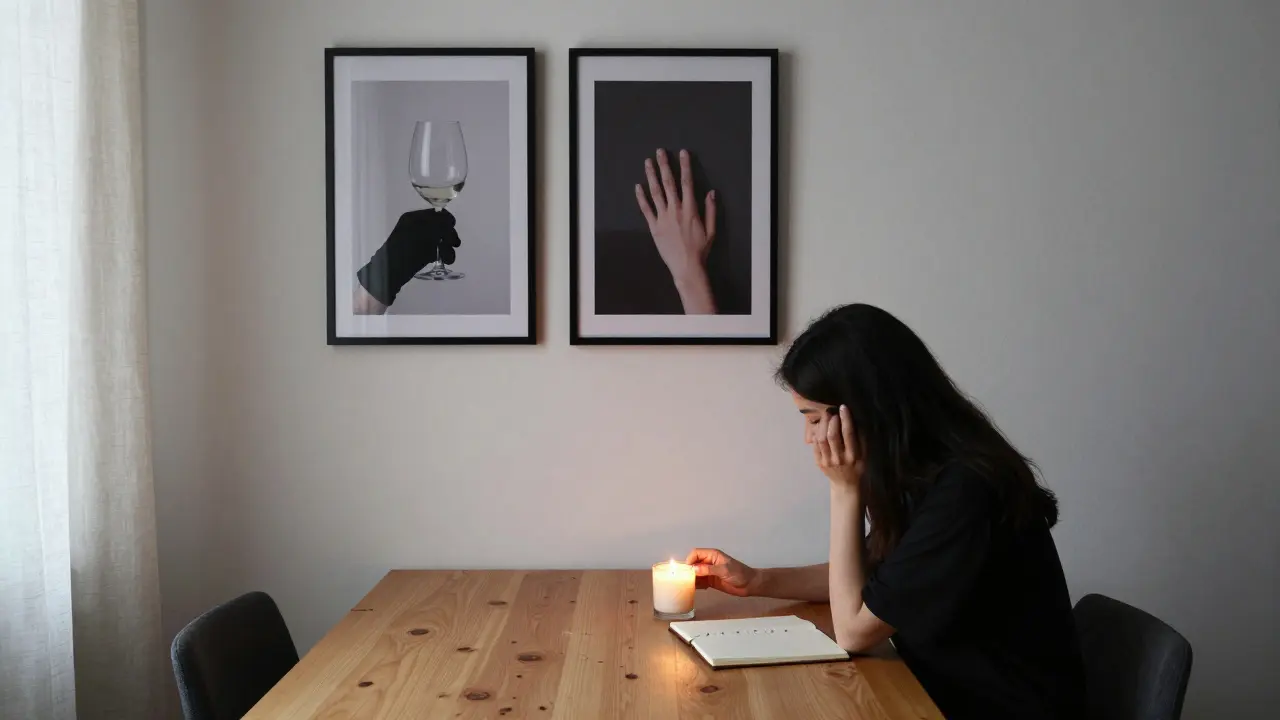 A woman lights a candle in her Brera apartment, surrounded by framed photos of hands—no faces, only gestures of human connection.