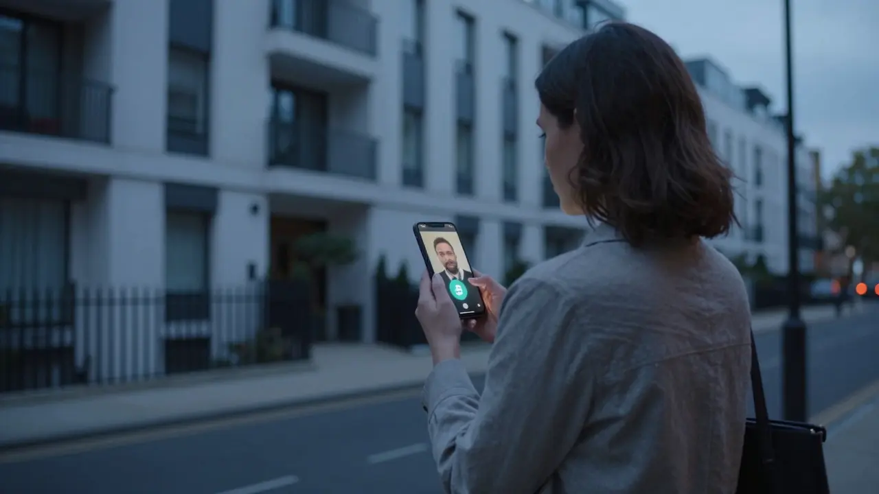 A woman on a video call outside a quiet London apartment, safety app visible on her phone at dusk.