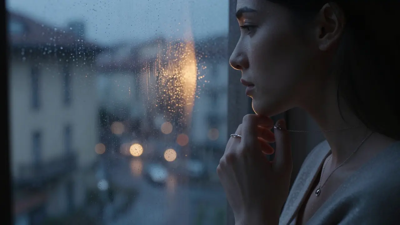 A woman touching her necklace by a rain-streaked window, lost in thought as evening light falls.