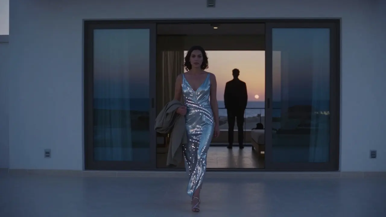 A woman walks alone on a private villa terrace at night, overlooking Abu Dhabi’s skyline in serene solitude.