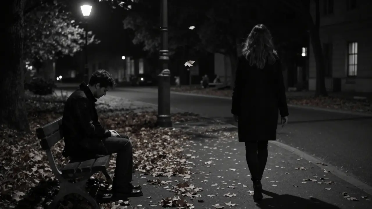 A woman walks away from a bench at night, leaving behind a man in quiet solitude under a flickering streetlamp.