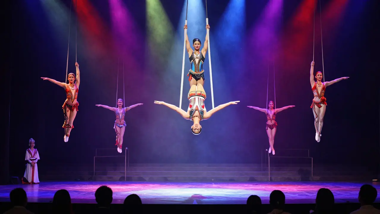 Acrobats performing in La Perle show under vibrant stage lights.