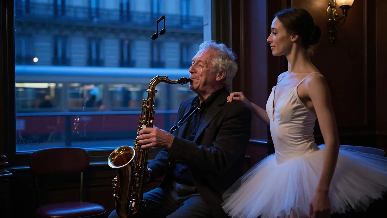 An elderly man and a former dancer share a quiet moment in a Paris jazz club, saxophone note lingering in the air.