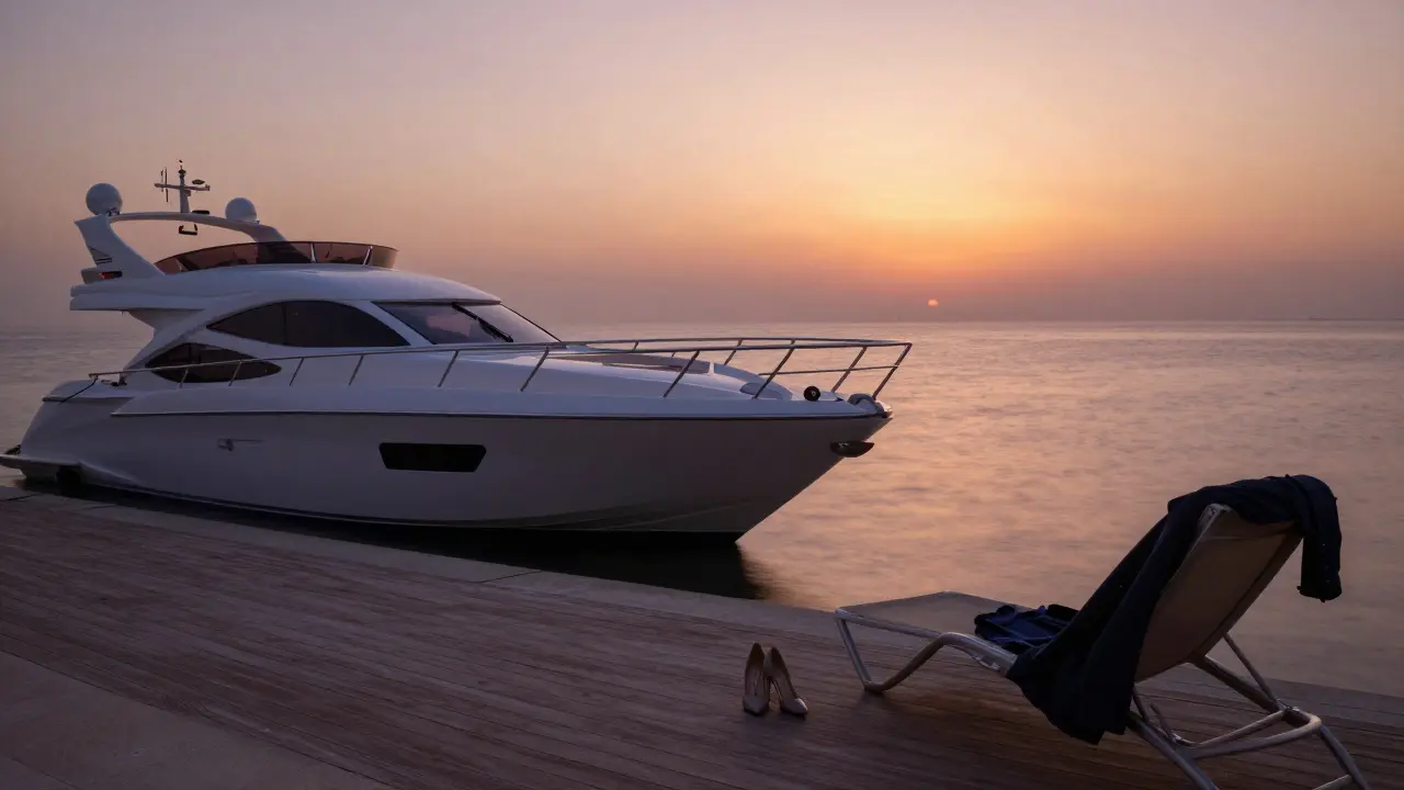 An empty private yacht at sunset in Abu Dhabi with elegant heels and a folded coat on deck, symbolizing absence and quiet companionship.