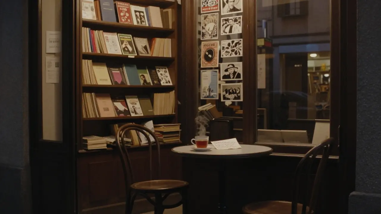 An empty vintage shop in Brera with a teacup and handwritten note left on a table.