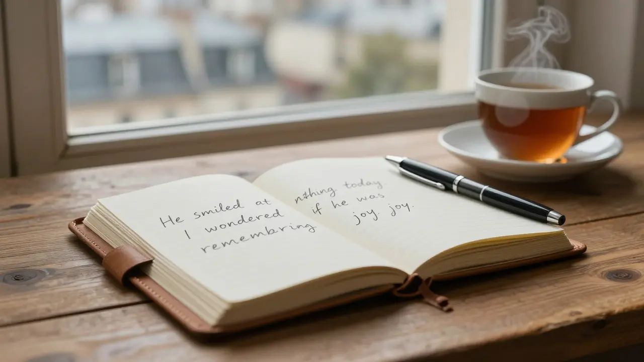 An open notebook with a single handwritten line beside a forgotten cup of tea, overlooking Paris rooftops.
