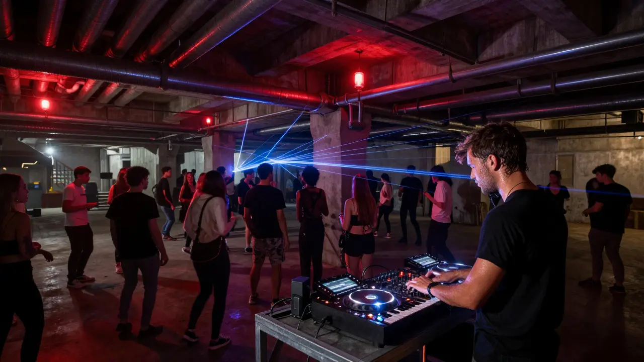 An underground electro club with pulsing red lights, dancers in silhouette, concrete walls and exposed pipes.