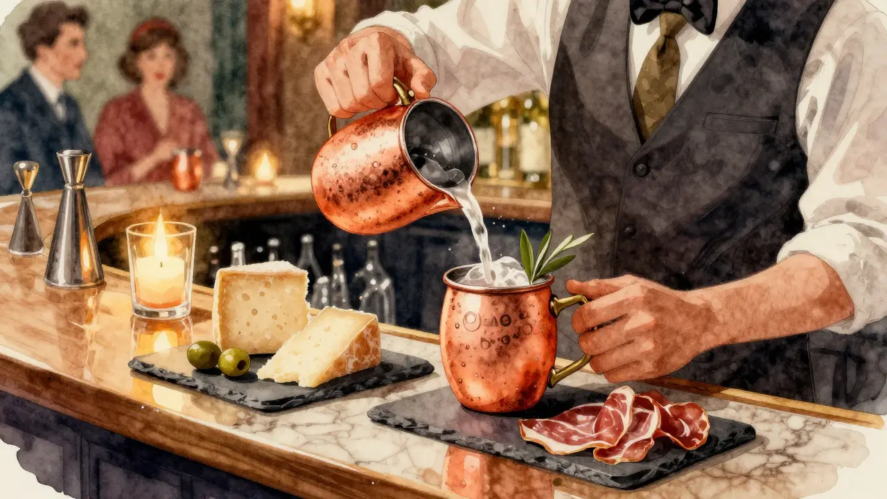 Bar Basso serving classic Milan Mule cocktail with olives and cheese platter during aperitivo.