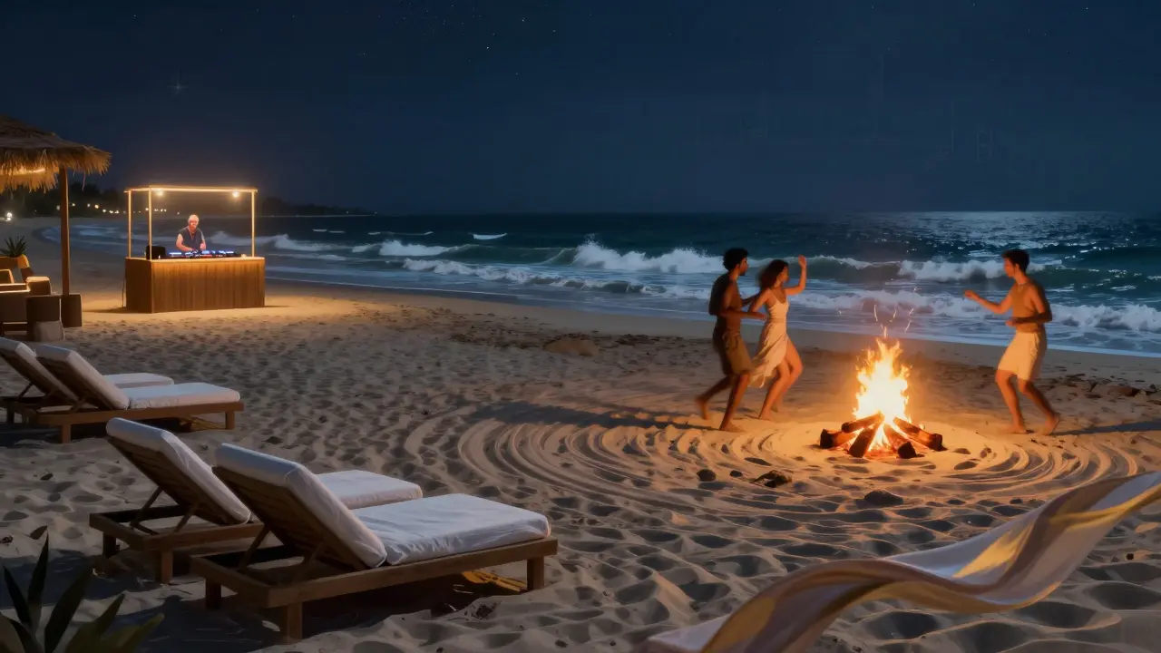 Beach club at night with bonfire, people dancing on sand under starry skies.
