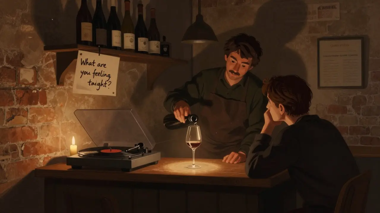 Cozy candlelit bar with wine bottles and vinyl records, bartender pouring wine for a curious guest.