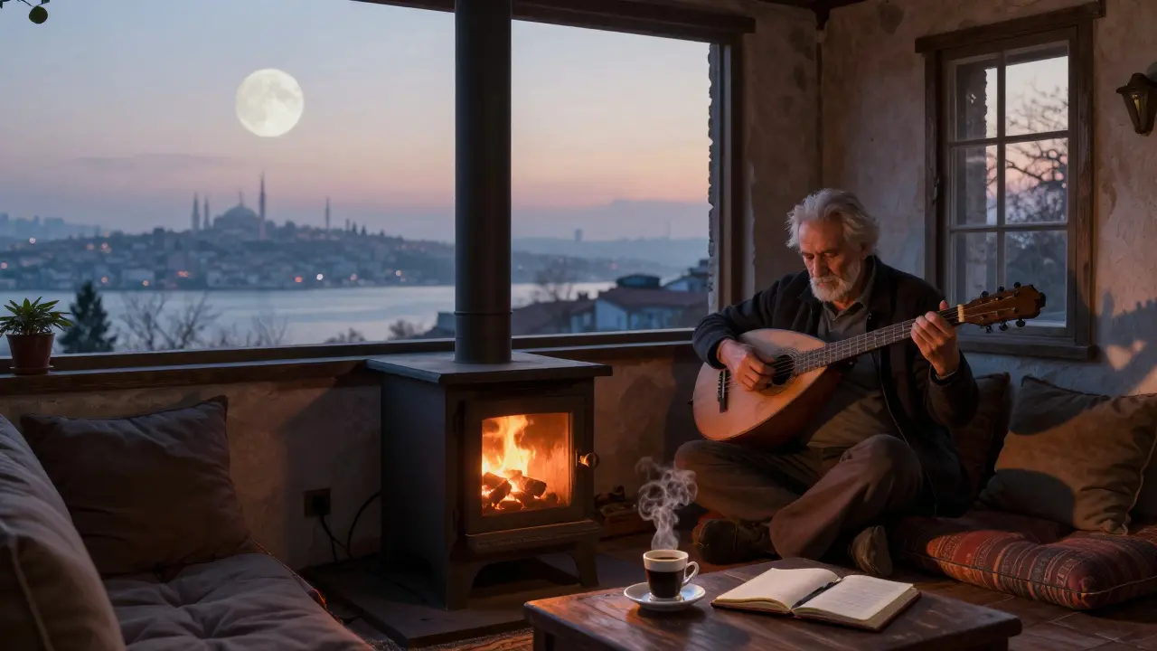 Cozy hillside café at dawn, old man playing bağlama, steam rising from Turkish coffee, city asleep below.